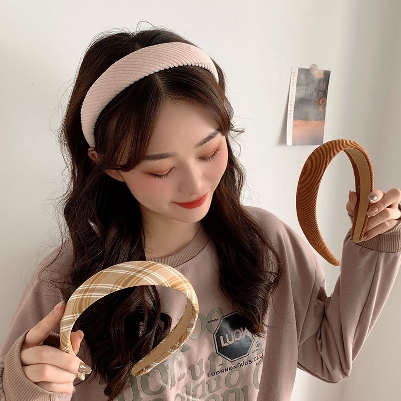 Băng đô cài tóc bản rộng kẻ sọc caro phong cách retro cho nữ