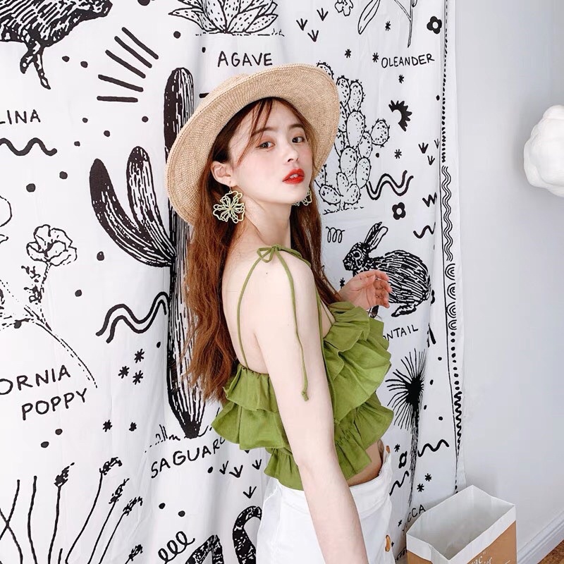 Áo 2 Dây Trễ Vai Chun Ngực Bèo Tầng Dáng Croptop Chất Đũi Màu Xanh Áo Hở Vai Cúp Ngực