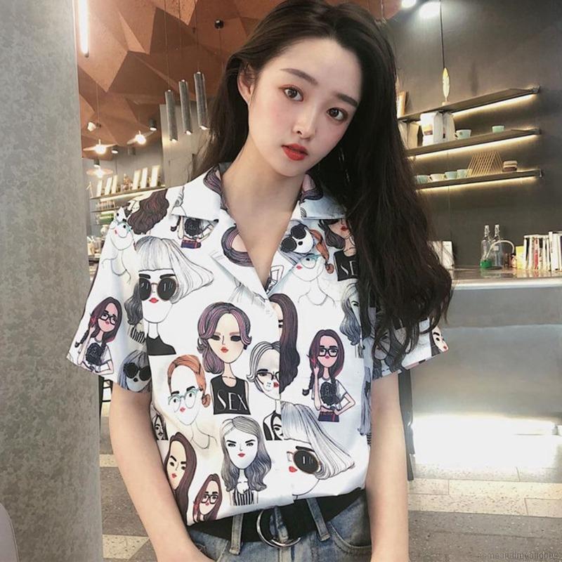 Áo Sơ Mi Nữ Cổ Bẻ In Họa Tiết Hoạt Hình Phong Cách Hàn Quốc