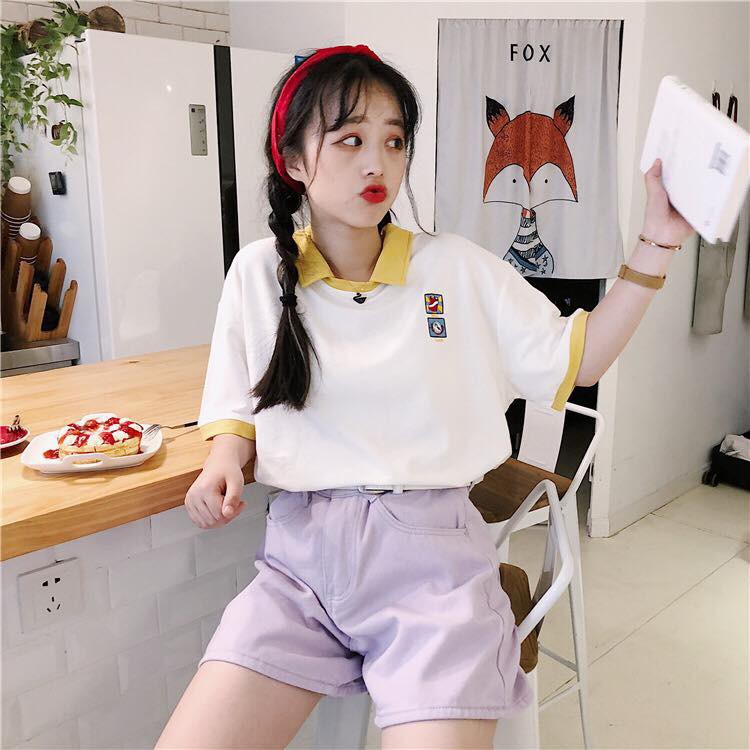 ÁO THUN NỮ ULZZANG TEEN CỔ SƠ MI PHỐI MÀU