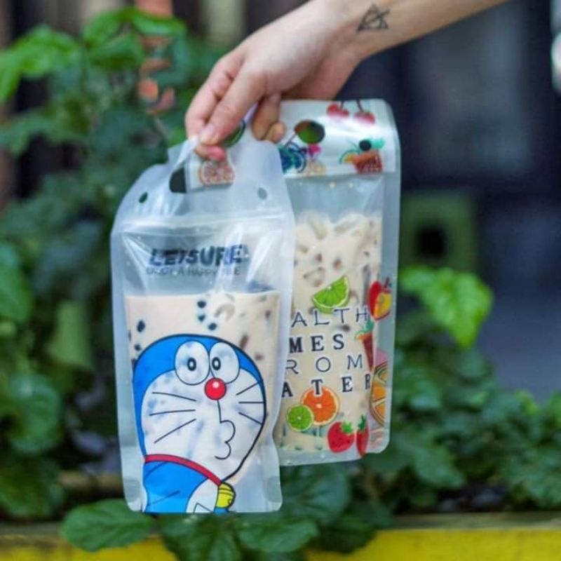 Combo 10 Túi Zip đựng trà sữa,đồ uống siêu kute tặng kèm ống hút