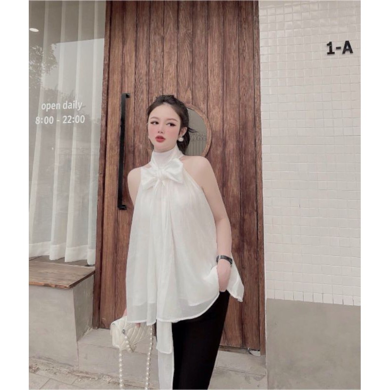 Áo tơ cổ yếm nơ dài hai lớp