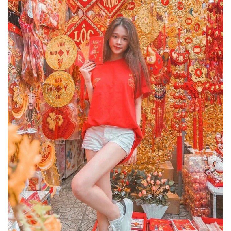[Rẻ Vô Địch] Áo cotton tay lỡ Unisex  mặc đôi ,nhóm , lớp------ Áo THẦN TÀI ĐỎ