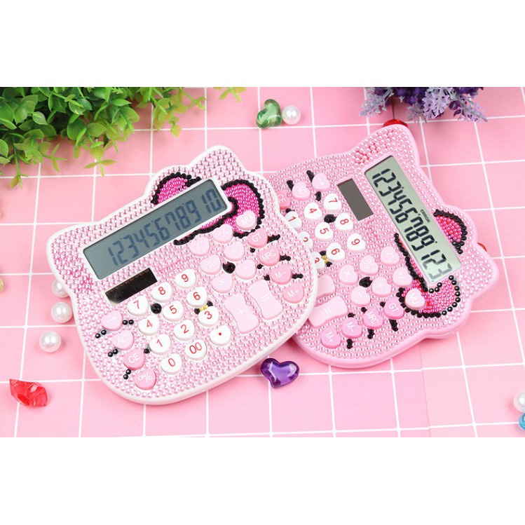 -Máy tính tiền đính đá hình mèo Kitty năng lượng mặt trời