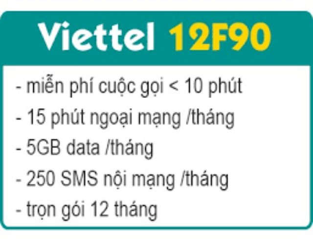 Sim 4G Viettel 12F90 Trọn Gói 1 Năm Gọi Free và Data Free .. Không Cần Nạp Tiền