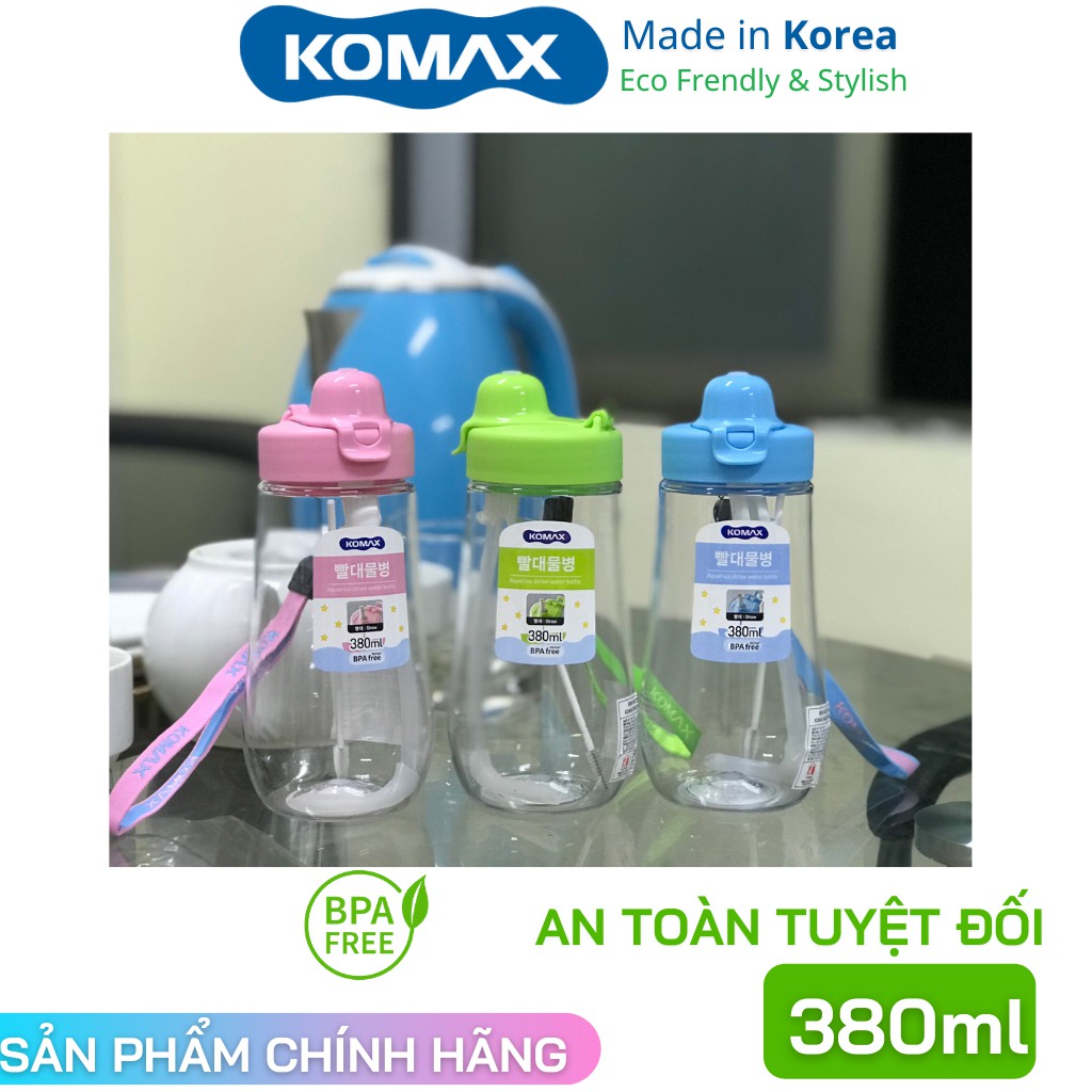 Bình nước nhựa trẻ em cao cấp chịu được nước nóng, kèm 1 ống hút và cọ rửa, NHẬP Hàn Quốc KOMAX AQUARIUS 380ml