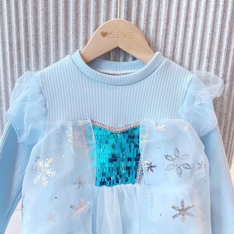 Váy elsa dài tay cho bé len gân lót nỉ ấm áp dễ thương mẫu mới 2022