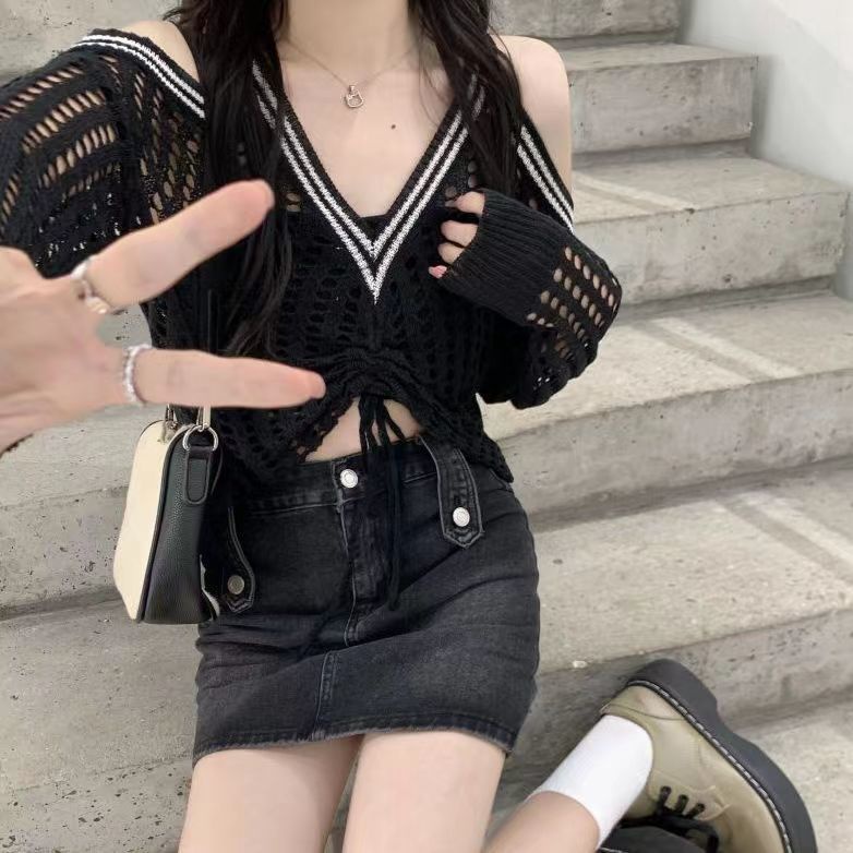 Áo Dệt Kim Trễ Vai Dáng Rộng Cổ Chữ V Thời Trang Cho Nữ