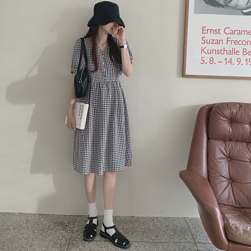Váy kẻ caro phong cách vintage có size cộc tay siêu đẹp