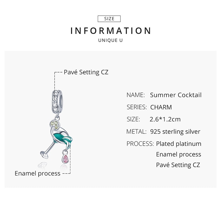 Phụ Kiện Hạt Trang Sức Bamoer BSC262 Bằng Bạc 925 Hình Ly Cocktail Độc Đáo Cho Vòng Tay/Dây Chuyền DIY