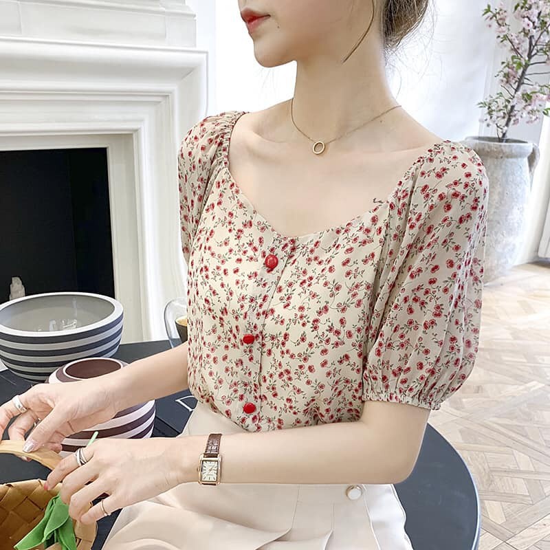 A96628 Áo chiffon nữ hè ngắn tay hoa nhí  hàng nhập