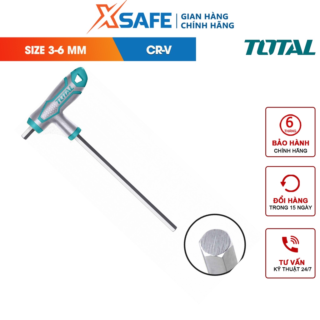 Tay vặn chữ T đầu lục giác TOTAL nhiều kích thước, tay vặn lục giác chữ T chất liệu thép Cr-V mạ Crom,dùng để siết và mở