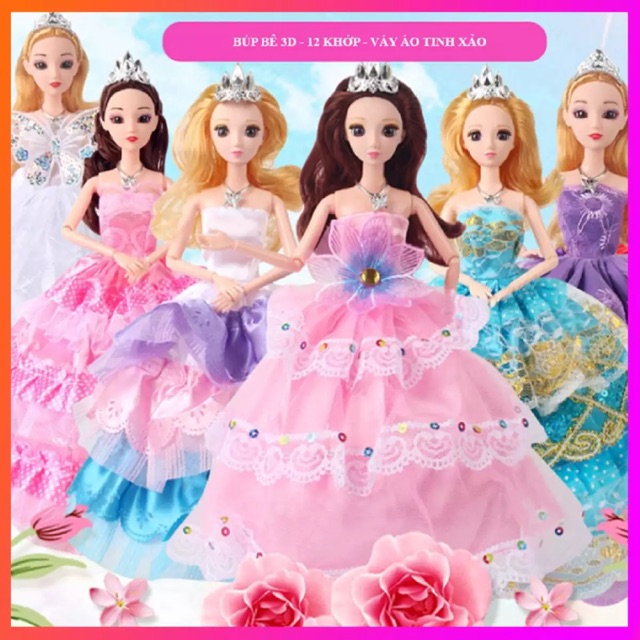 👑 Búp bê Barbie mắt đá lung linh váy cưới may tinh xảo 12 khớp nối