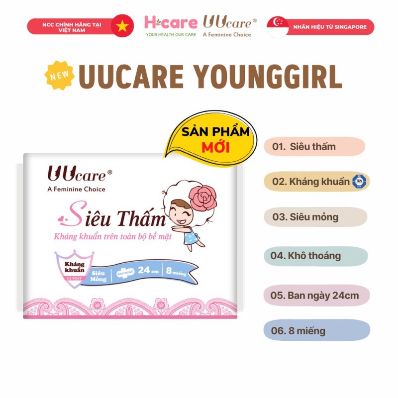 Băng vệ sinh UUcare Young Girl Siêu thấm ban ngày 24cm 8 Miếng/Gói