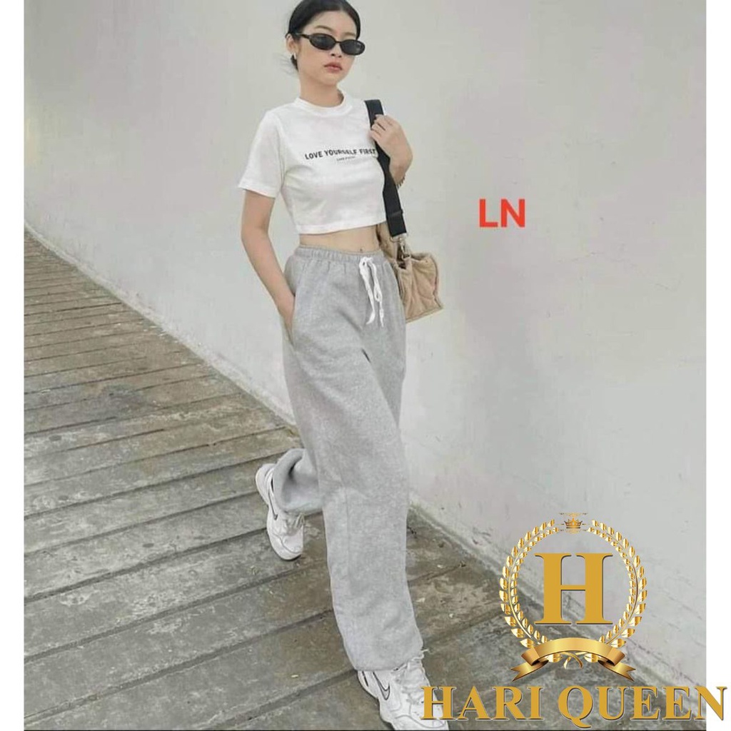 Sét áo croptop Love + quần chun xám HARI0321