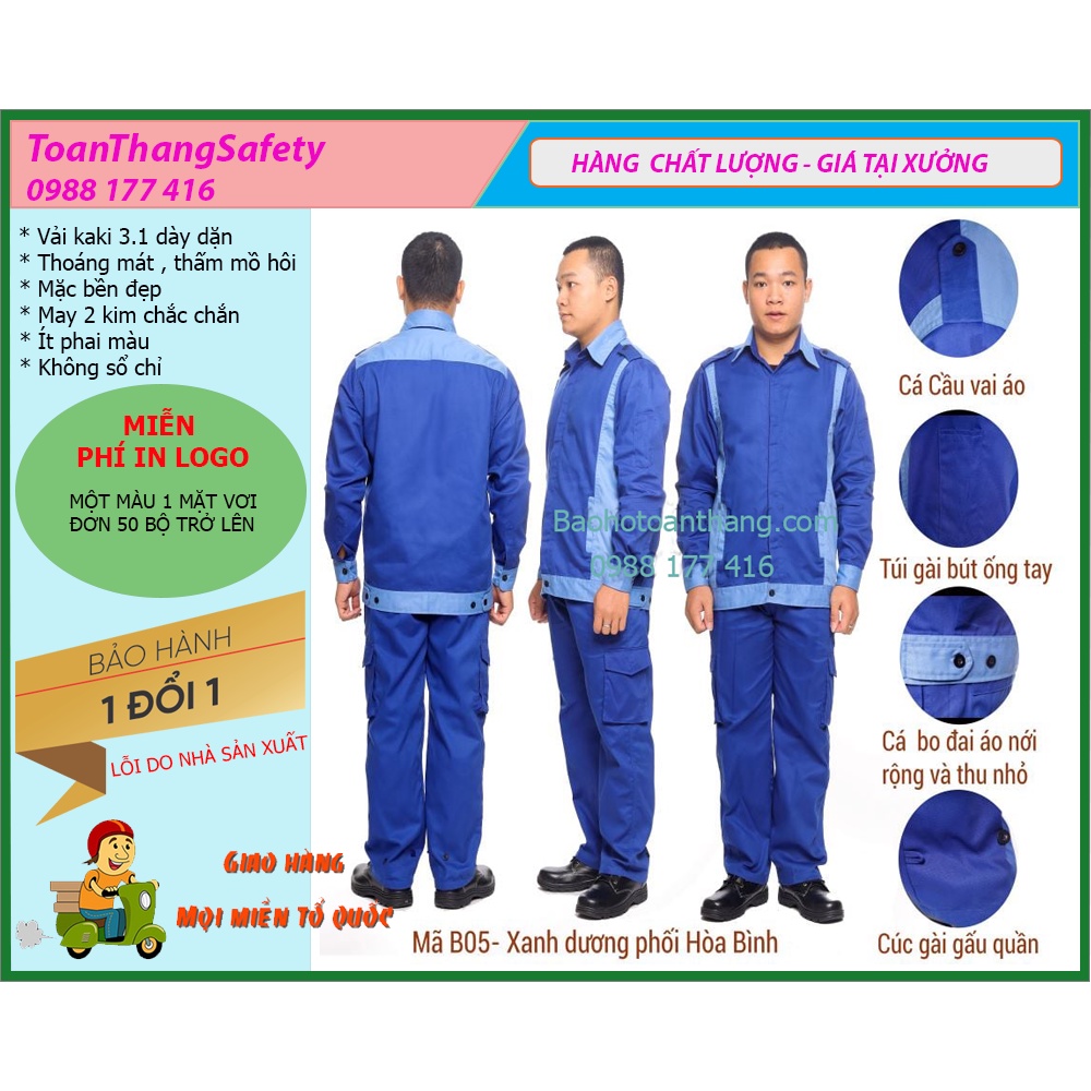 Bộ quần áo bảo hộ lao động kaki túi hộp -xanh dương phối hòa bình