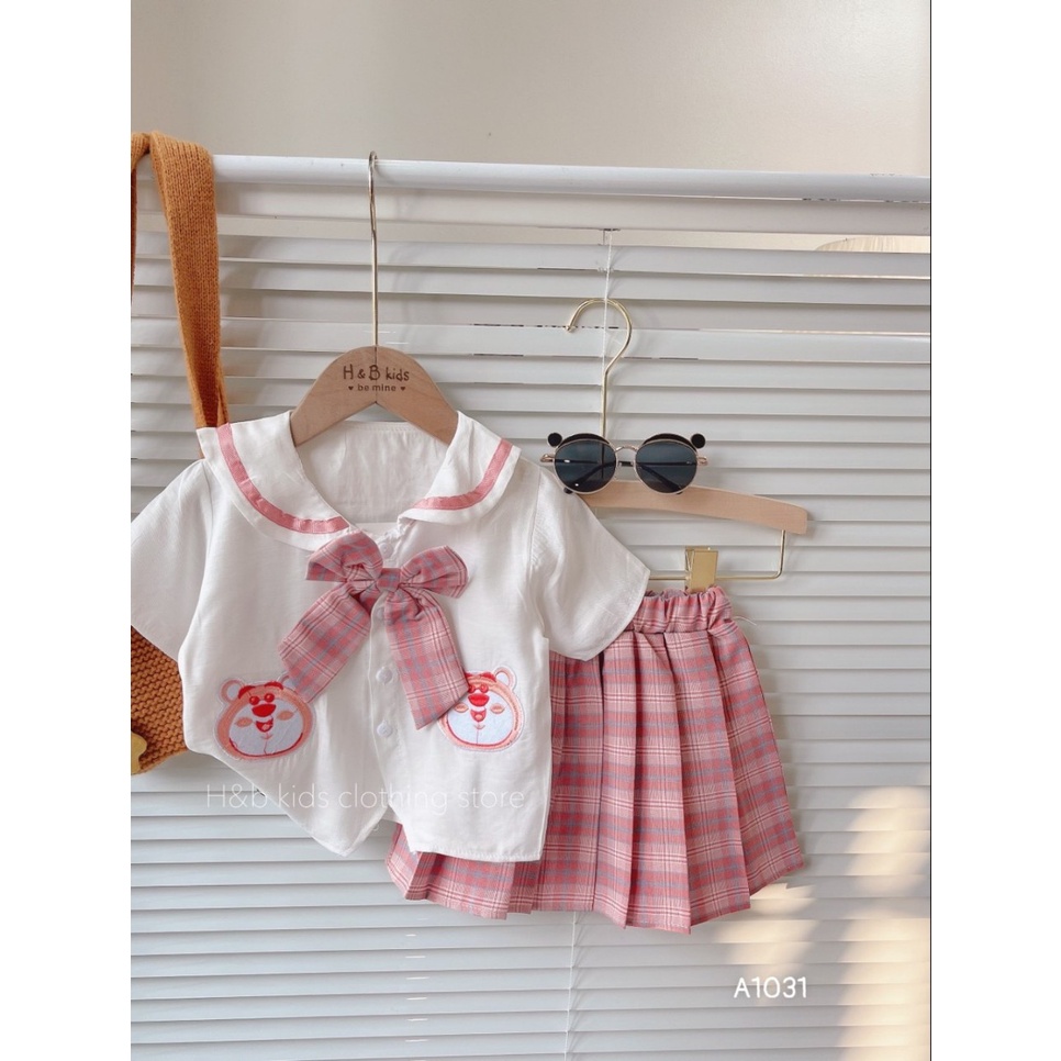 Sét váy xếp ly màu hồng và áo đũi trắng đi học đi chơi đều đẹp nha các mẹ cho bé từ 18-35kg