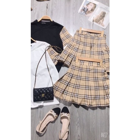Set Bộ Nữ Áo Phông Chân Váy Phối Kẻ Sọc ,Set Váy Ngắn Xòe Mix Áo Thun Cộc Tay 2 Màu