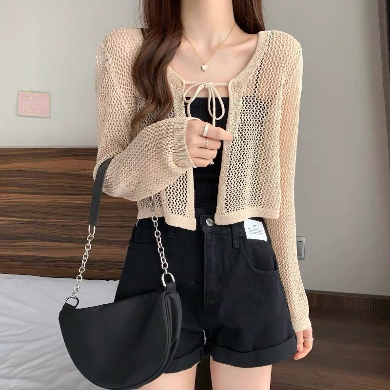 ÁO KHOÁC NỮ, ÁO LƯỚI ĐI BIỂN MIX VỚI ÁO VÁY 2 DÂY DÁNG NGẮN CROPTOP, TAY DÀI CHỐNG NẮNG ĐI BIỂN SIÊU HÓT CHO MÙA HÈ
