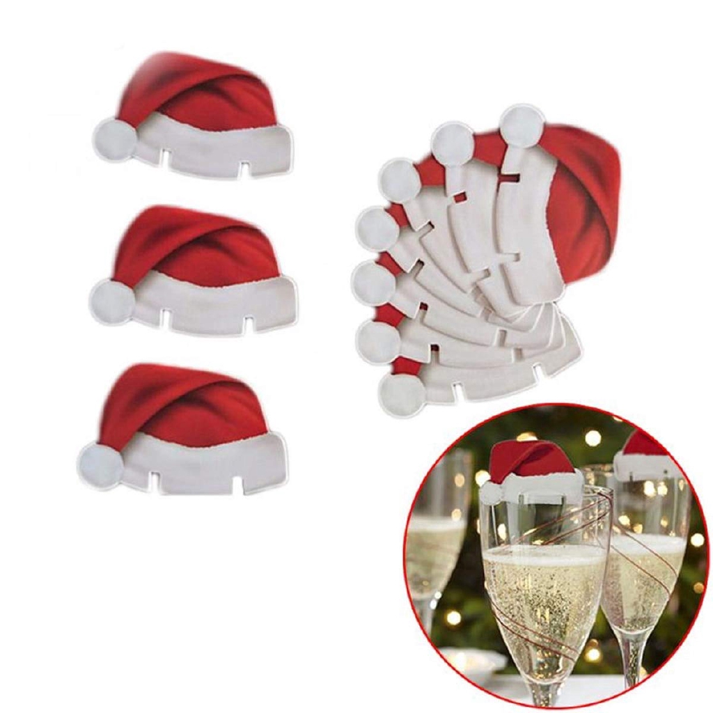 10PCS set Xmas Hats Champagne Wine Glass Caps Christmas DIY Decoration