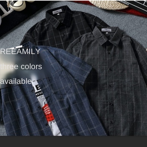 Áo khoác sơ mi tay ngắn dáng rộng họa tiết sọc caro thời trang cho nam