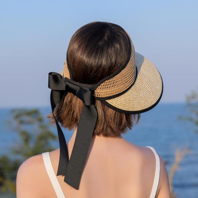 Mũ cói đi biển - vành rộng hở đầu - viền đen nơ đen