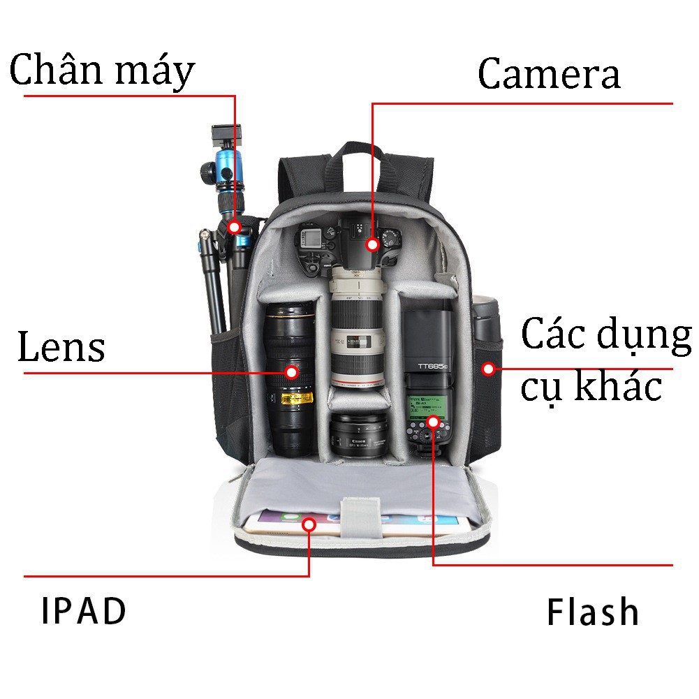 Ba lô size nhỡ Caden D6 chống sốc máy ảnh HÌNH THẬT form cứng siêu đẹp