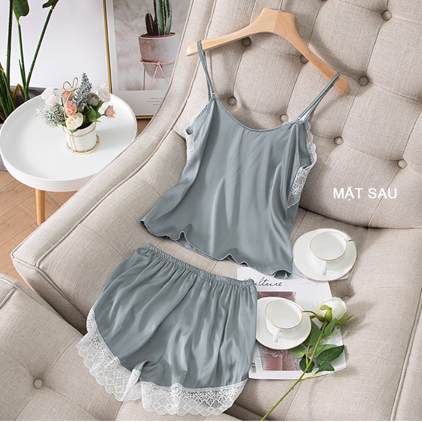 Bộ ngủ lụa Quảng Châu viền ren dây mảnh không đệm ngực Havana FB06