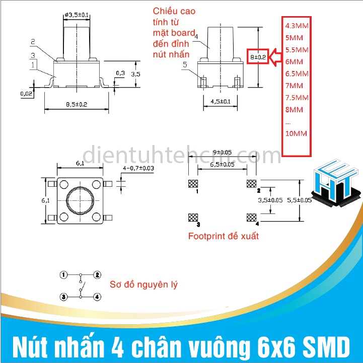 COMBO 20 Nút nhấn 4 chân vuông 6x6 chân dán SMD