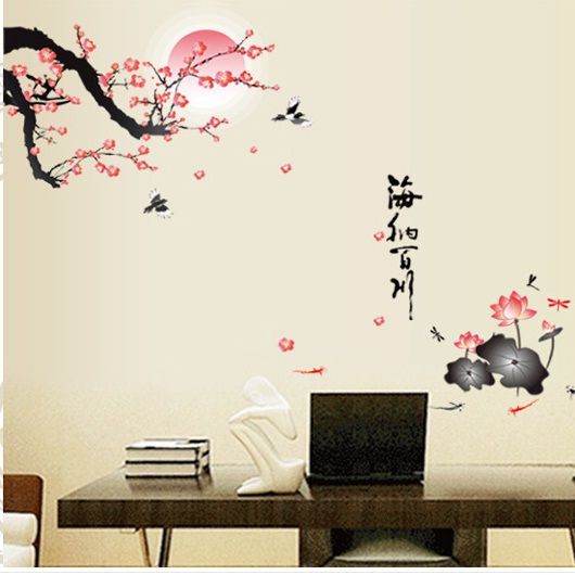 Decal dán tường phòng khách Cành đào thư pháp- DH062