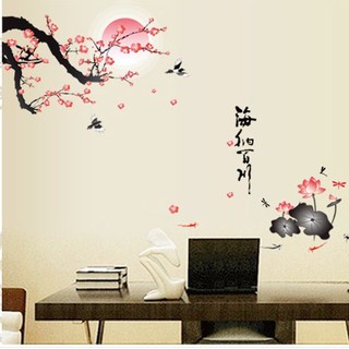 Decal dán tường phòng khách Cành đào thư pháp- DH062