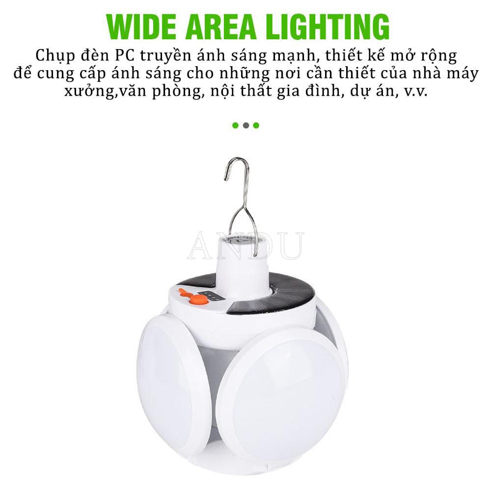 Đèn LED Tích Điện Năng Lượng Mặt Trời 40W, Đèn 5 Chế Độ Hình 4 Cánh Hoa Đuôi E27 Có Thể Đóng Mở