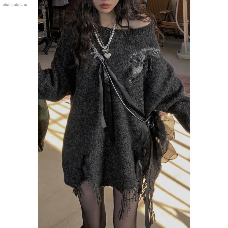 Áo sweater dệt kim tay dài dáng rộng phối rách phong cách retro đường phố thời trang mùa thu 2022 cho nữ