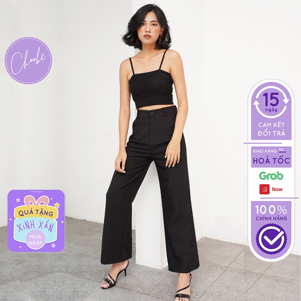 Quần ống rộng Choobe lưng cạp cao baggy vải nữ dài suông loe culottes xuông màu đen Q01