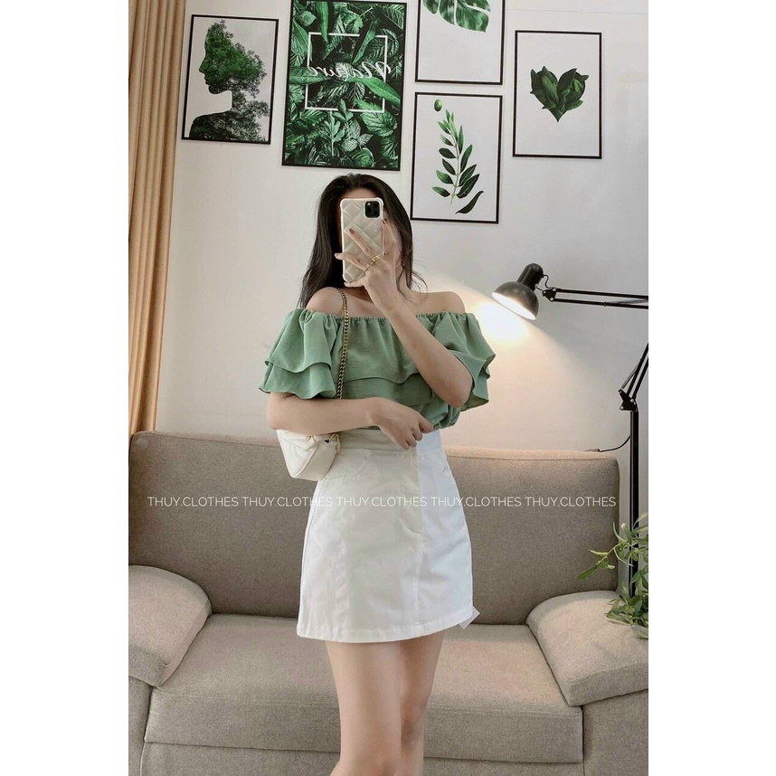 Set váy 2 món với áo kiểu nữ bệch vai phối nhúng tầng kèm chân váy chữ A có túi ôm dáng đẹp