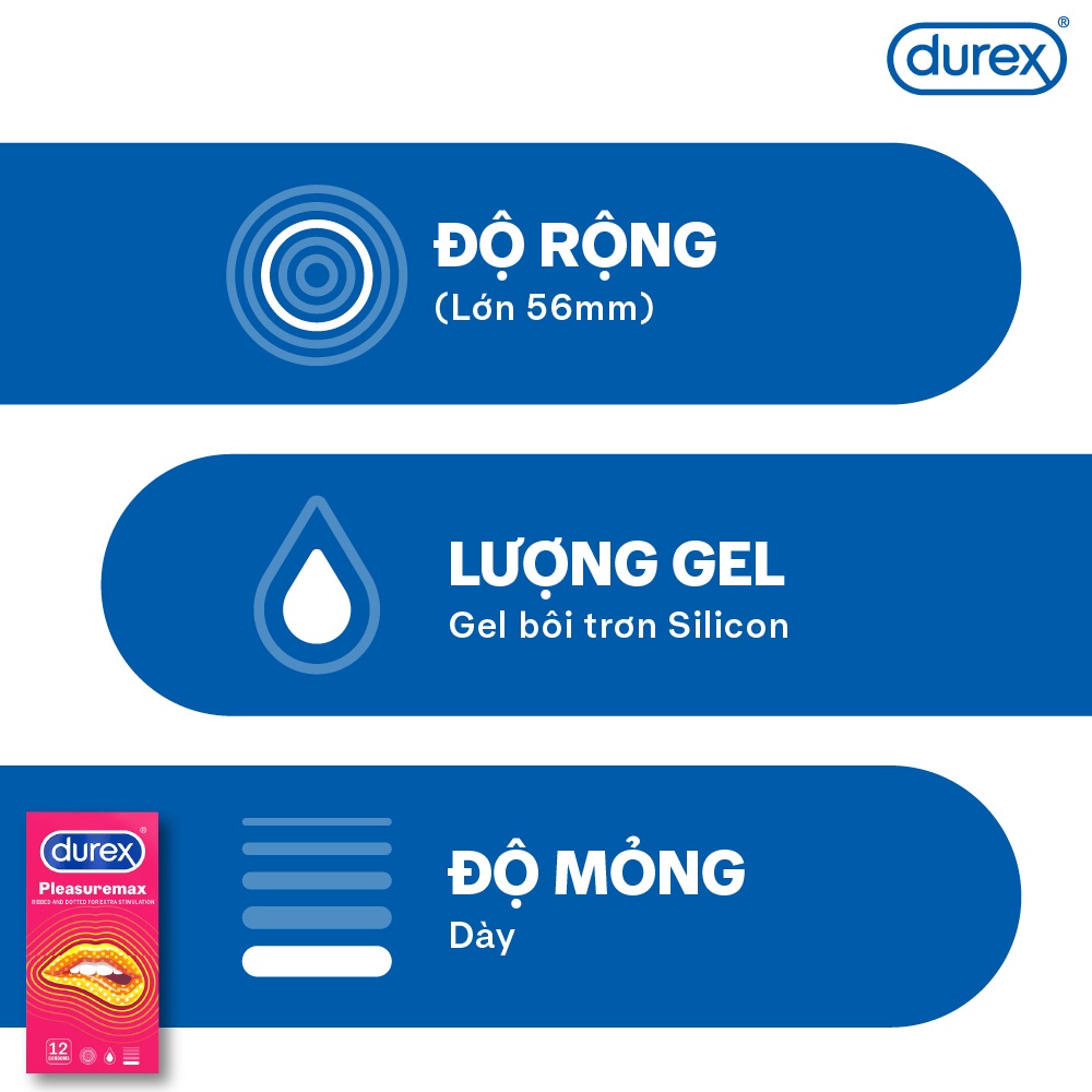 Bộ bao cao su Durex Pleasuremax gân gai, size 56mm, 1 hộp 12 bao và 1 hộp 3 bao