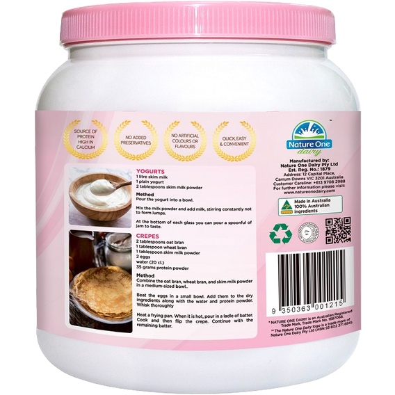 [SenXanh Emart] Sữa Úc- Sữa Bột Tách Béo Nature One Dairy 1Kg