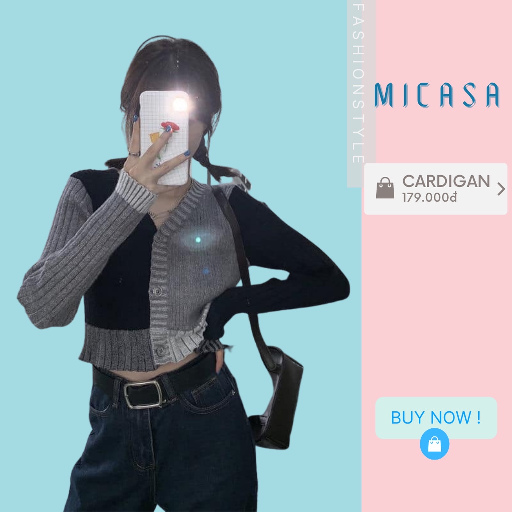 Áo cardigan len nữ cổ chữ V tay dài mix đen xám croptop phon cách hàn quốc M18-C