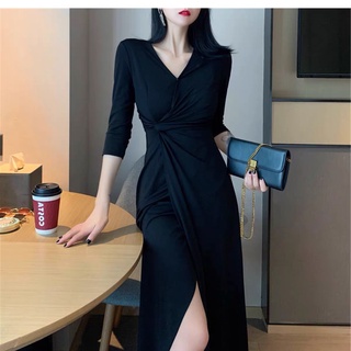 Đầm ôm body cổ tim vạt chéo xoắn eo xẻ tà sexy dự tiệc sang trọng