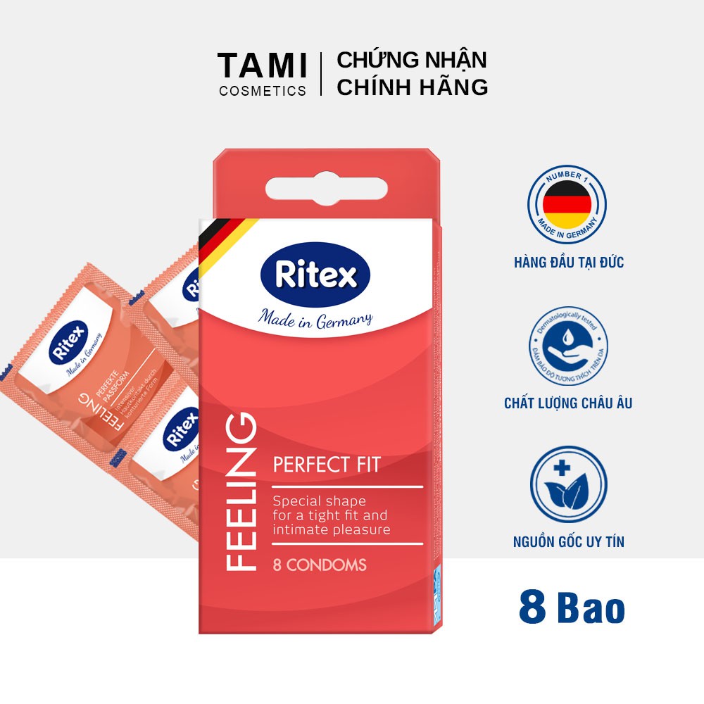 [Mã FMCG8 - 8% đơn 250K] Bao cao su Ritex FEELING - Ôm sát vừa vặn Hàng đầu tại Đức [Hộp 8 chiếc] Có che tên RI-FEELING8