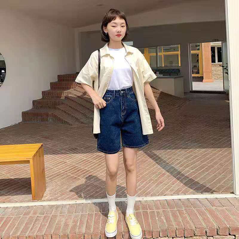 Quần Short denim Lưng Cao Ống Rộng Màu Xanh Dương Đậm Thời Trang Cho Nữ