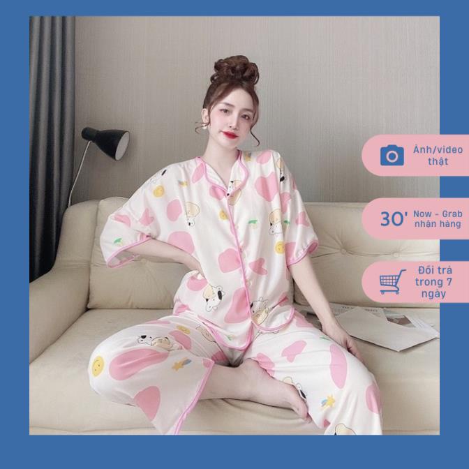 Bộ Mặc Nhà Nữ, Đồ Bộ Pijama Lụa Gợn Sóng Tay Ngắn Quần Dài Họa Tiết Bò Sữa Chất Liệu Cao Cấp Form Dáng Rộng Rãi Thoáng M