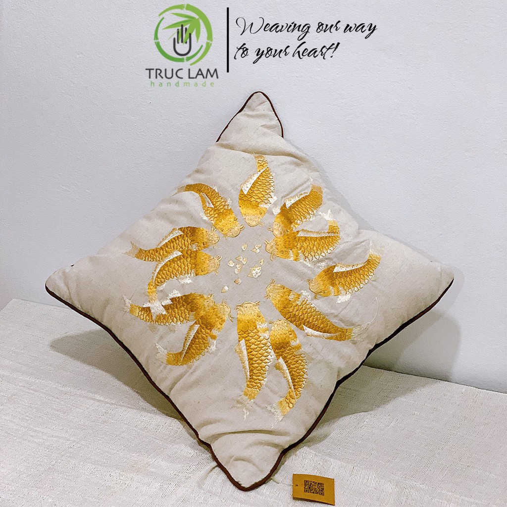 Gối/Vỏ Gối Vuông Tựa Lưng Sofa (45x45) Trang Trí Phòng  Vải Linen Thêu Thủ Công Hình Đàn Cá - Trúc Lâm Handmade