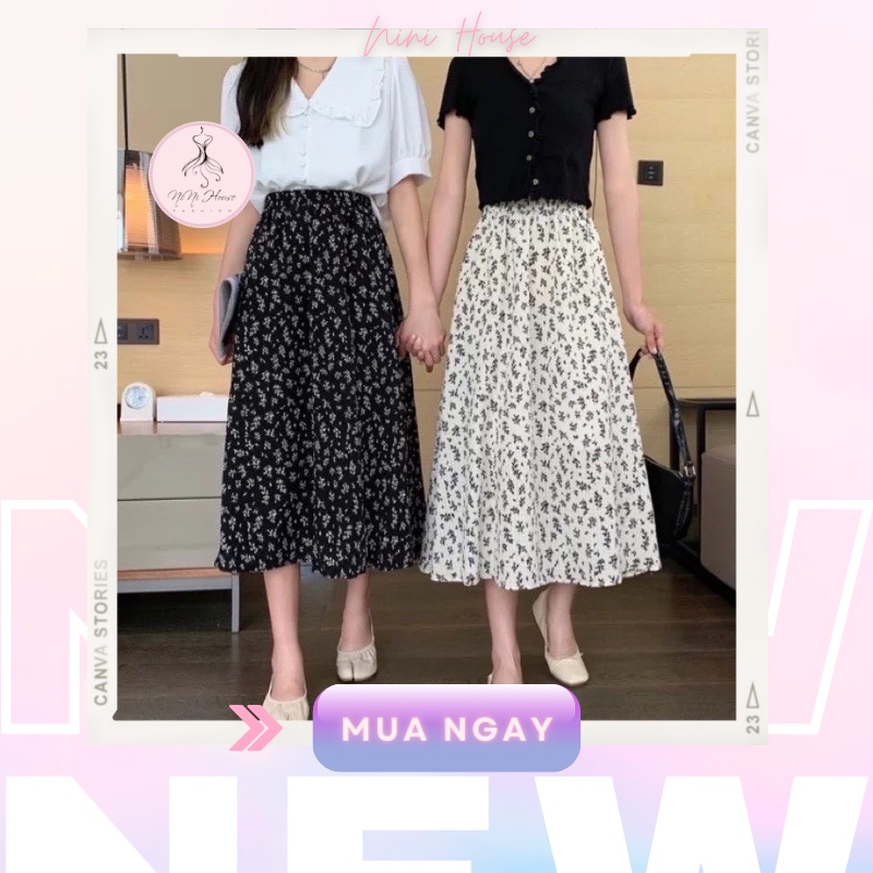 Chân váy dài hoa nhí qua gối ulzzang thiết kế vintage chất voan cao cấp