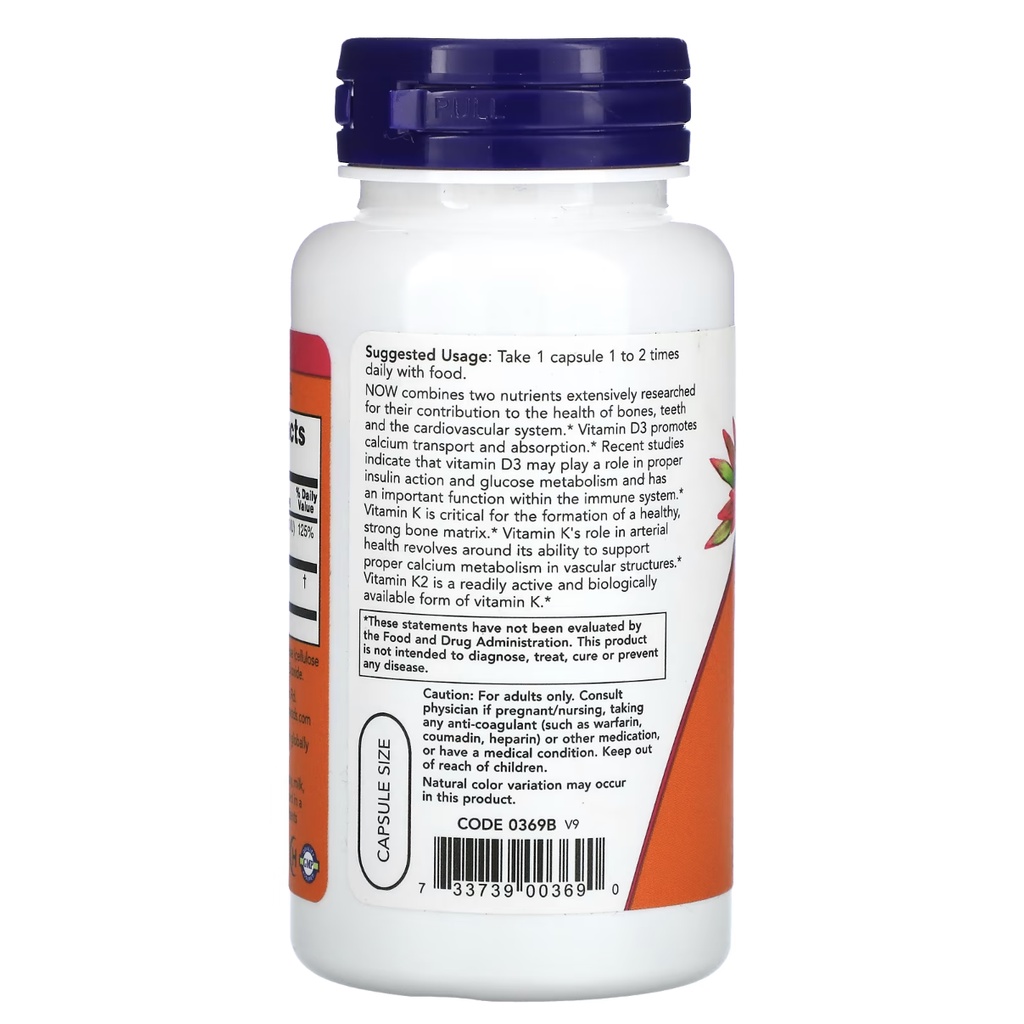 Viên Uống Tăng Sức Đề Kháng, Săn Chắc Xương Vitamin D3 + K2 120 Viên NOW của Mỹ