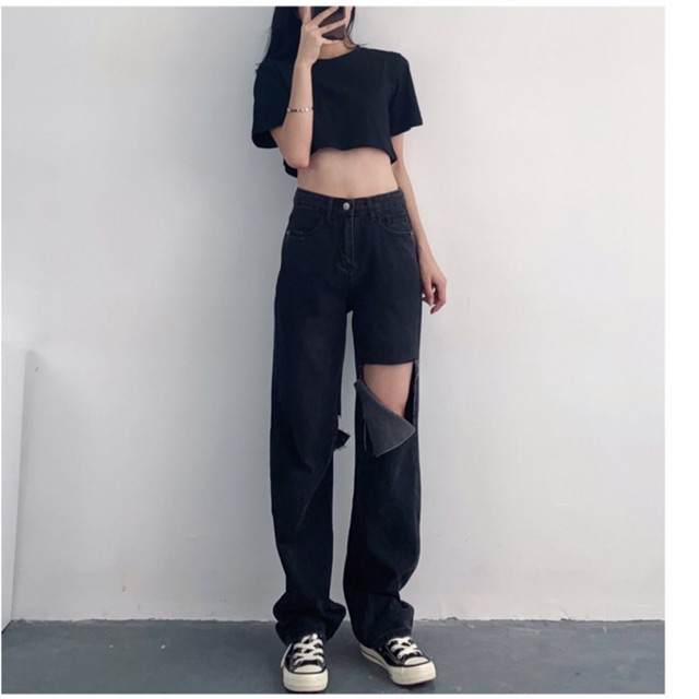 Quần Dài Jeans 105cm Lưng Cao Qua Rốn BigSize / Suông Ống Rộng RÁCH L sole TRƯỚC SAU - Không Giãn