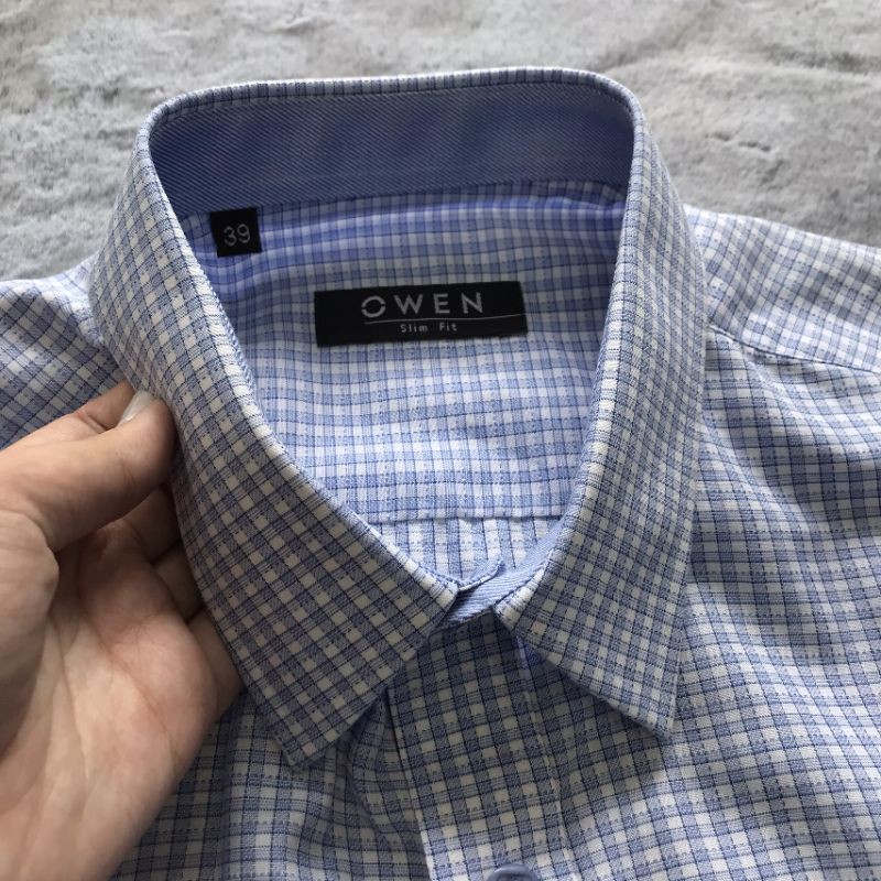 Áo Sơ Mi Nam Tay Dài Owen AS20840DT Dáng Slim Fit Màu Trắng Kẻ Caro Xanh