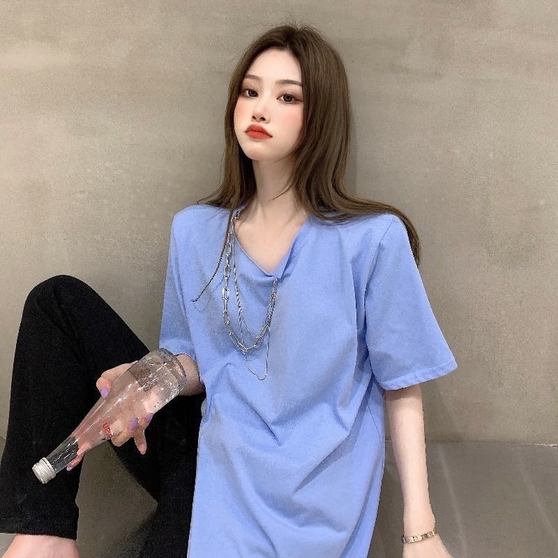 Áo Thun Tay Ngắn Dáng Rộng Màu Sắc Trơn Thiết Kế Xẻ Tà Độc Đáo