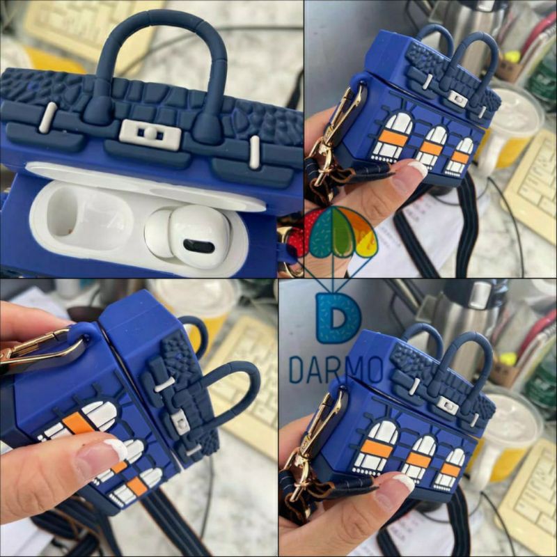 (sẵn 1/2) Case bảo vệ Airpods Pro/1/2 túi xách Hèrmes cargo birkin xanh dương kèm nơ và quai đeo