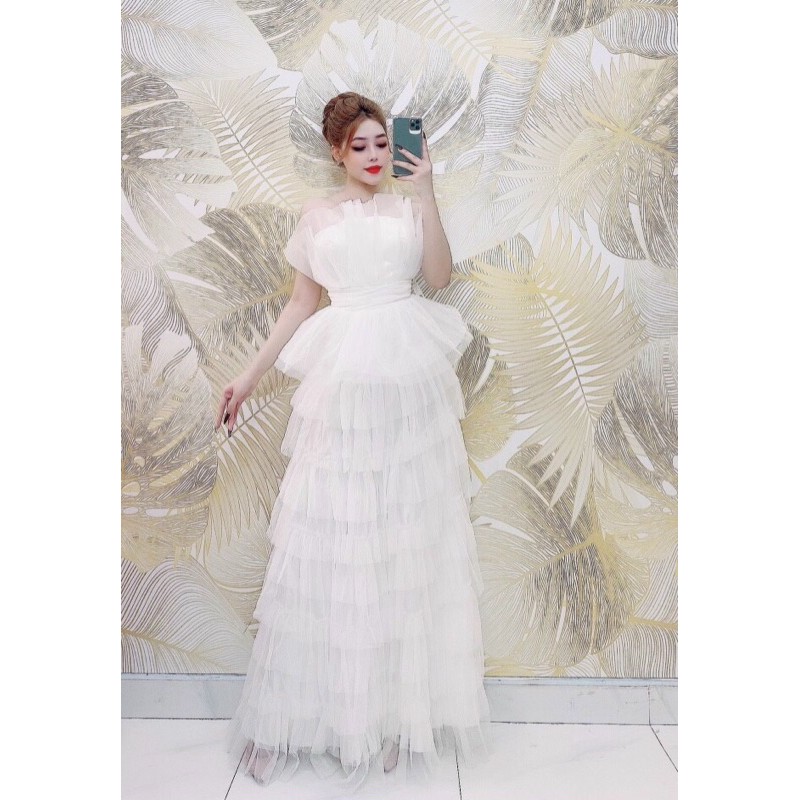 đầm cúp tầng dúm siêu phồng